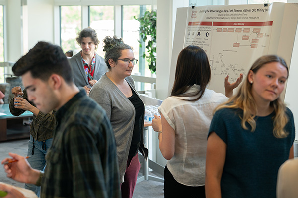 A student presents their research poster to a professor. On either side of the foreground, a student looks thoughtfully at an unseen speaker or poster.