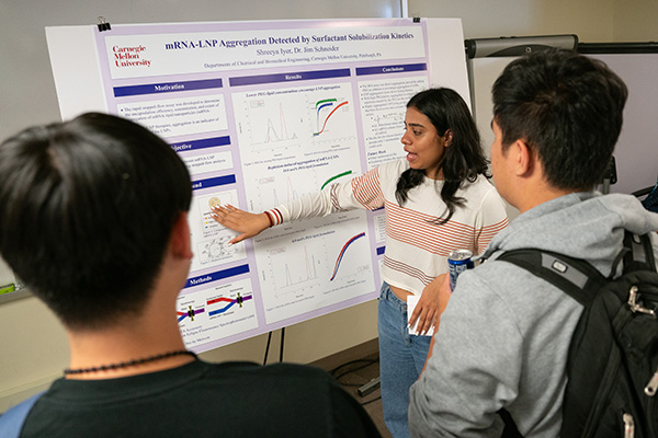 A student gestures at their research poster while talking to two other students.