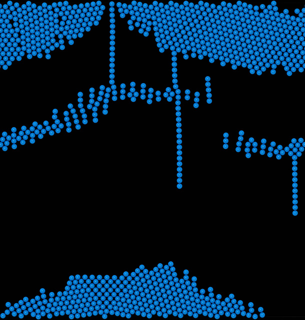 Clusters of small blue spheres along the top and bottom border. Background is black. Three smaller groups of spheres are aligned in vertical chains, spaced across the image. Toward the middle, very short chains of spheres are gathering in a band across the image.