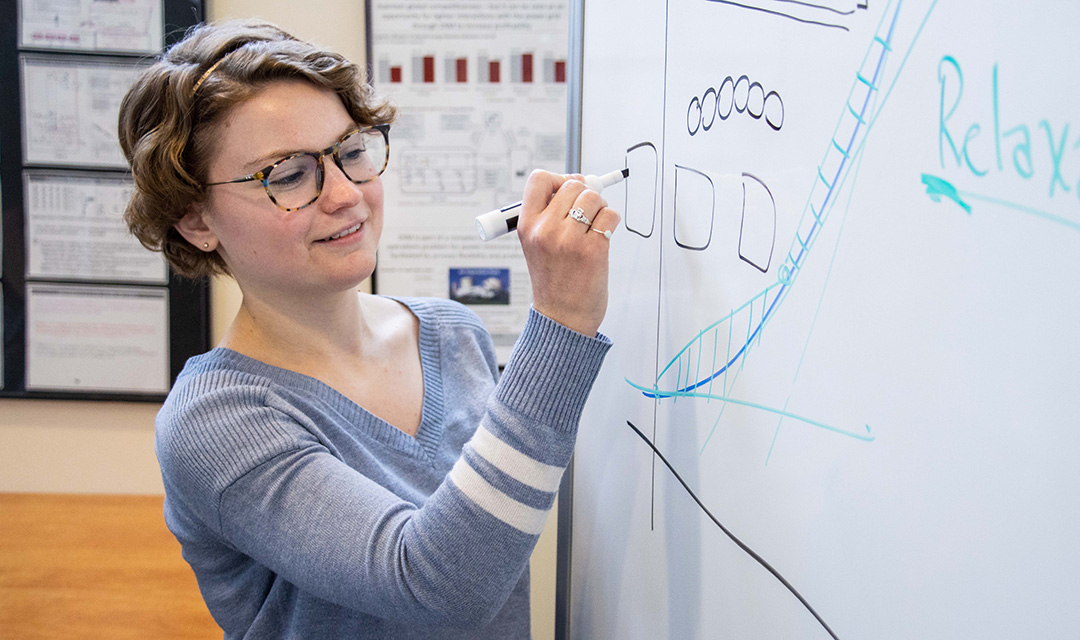 Megan Walsh draws squares on a white board next to a simple line graph showing an upward trend.