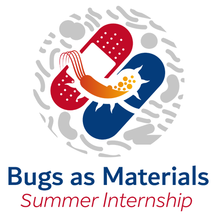 logo for Bugs as Materials Summer Internship with graphic of microorganism on top of bandage and pill